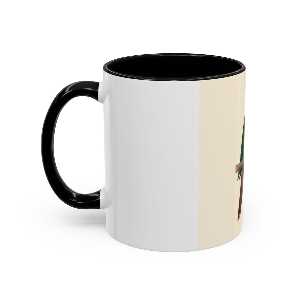 A ceramic mug with a white and cream-colored exterior and a black interior, featuring a printed illustration of a green parrot perched on a branch holding a sign that reads 'THIS IS MY HOUSE'.