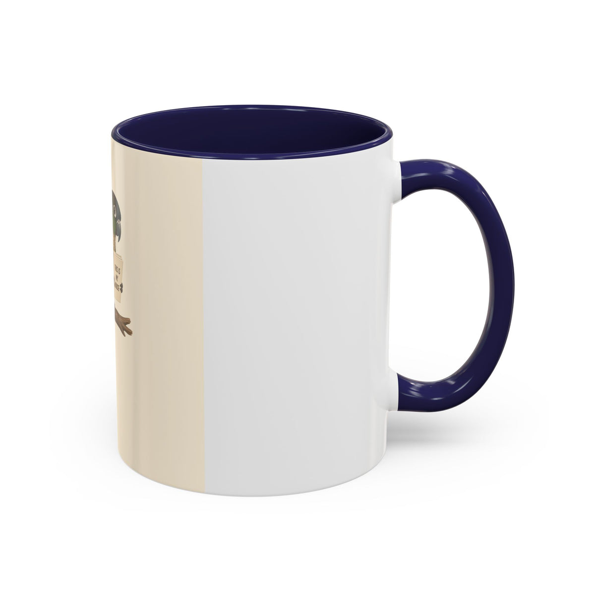 A ceramic mug with a white and cream-colored exterior and a blue interior, featuring a printed illustration of a green parrot perched on a branch holding a sign that reads 'THIS IS MY HOUSE'.