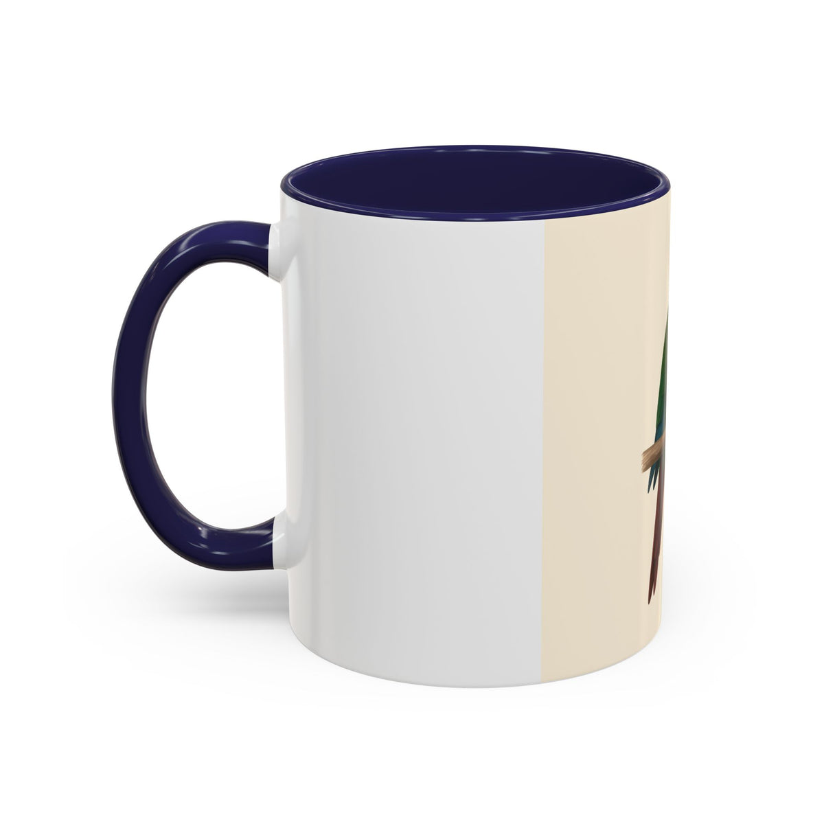 A ceramic mug with a white and cream-colored exterior and a blue interior, featuring a printed illustration of a green parrot perched on a branch holding a sign that reads 'THIS IS MY HOUSE'.