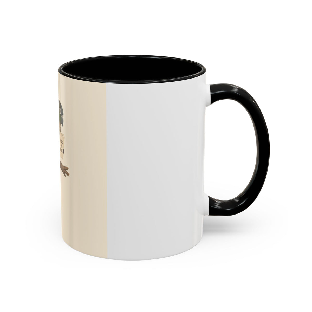 A ceramic mug with a white and cream-colored exterior and a black interior, featuring a printed illustration of a green parrot perched on a branch holding a sign that reads 'THIS IS MY HOUSE'.